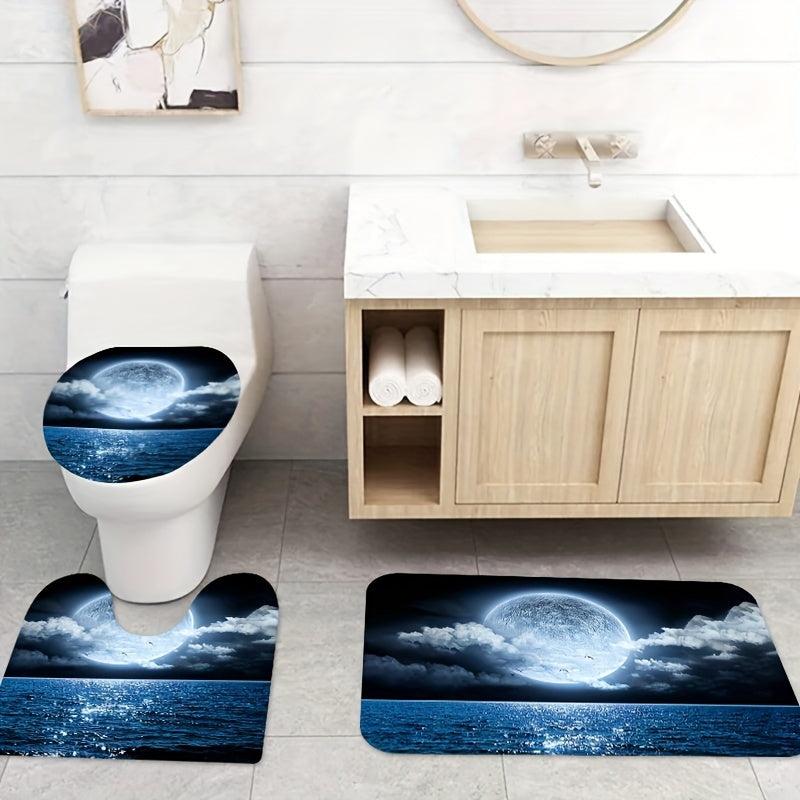 4pcs Ocean Moon Shower Curtain Set with 12 Hooks Bathroom Decor