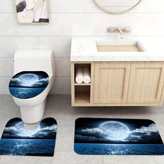 4pcs Ocean Moon Shower Curtain Set with 12 Hooks Bathroom Decor