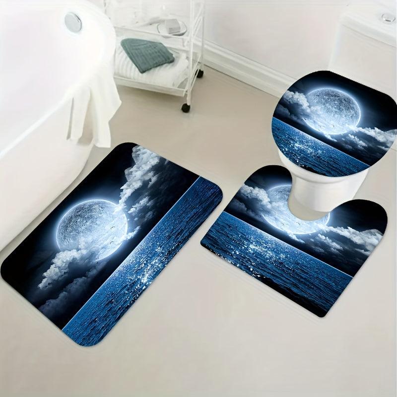 4pcs Ocean Moon Shower Curtain Set with 12 Hooks Bathroom Decor