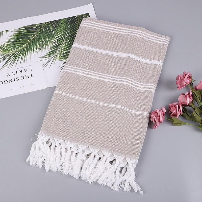 Striped Cotton Bath Sheet Towel Tassels Lightweight Absorbent