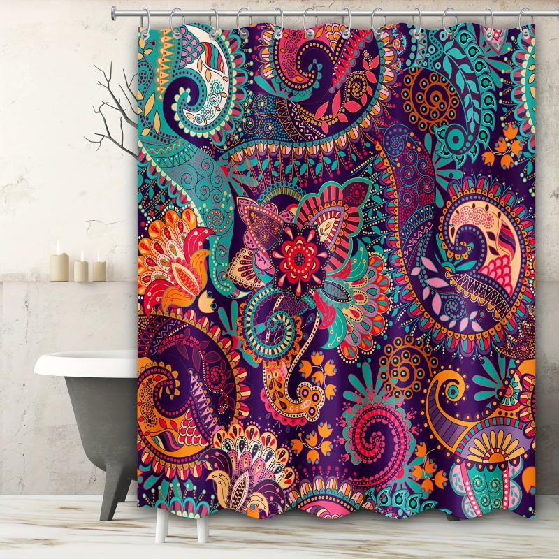 Bohemian Floral Shower Curtain with 12 Hooks