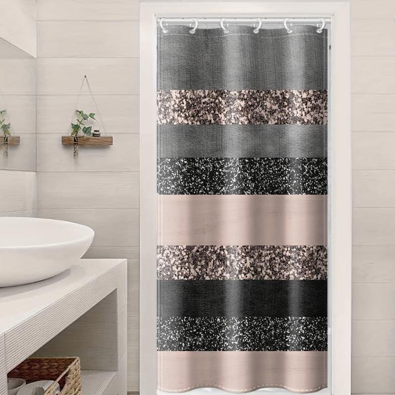 Gray Pink Stripe Shower Curtain with Plastic Hooks