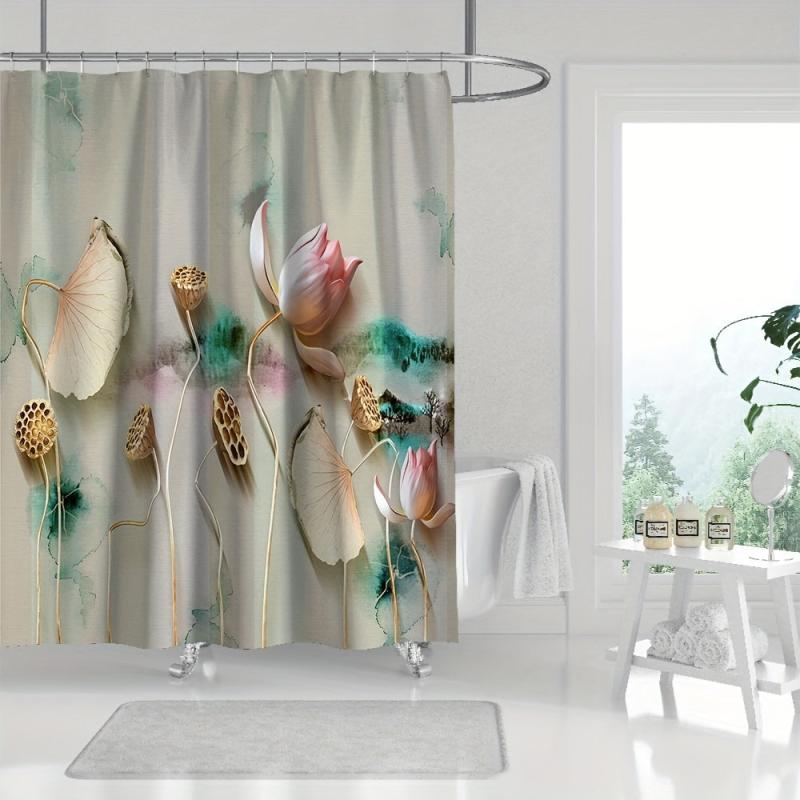Lotus Pattern Shower Curtain Waterproof Polyester Bath Curtain