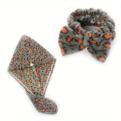 Leopard Printed Hair Towel Cap Set for Women - Quick Drying Shower Cap