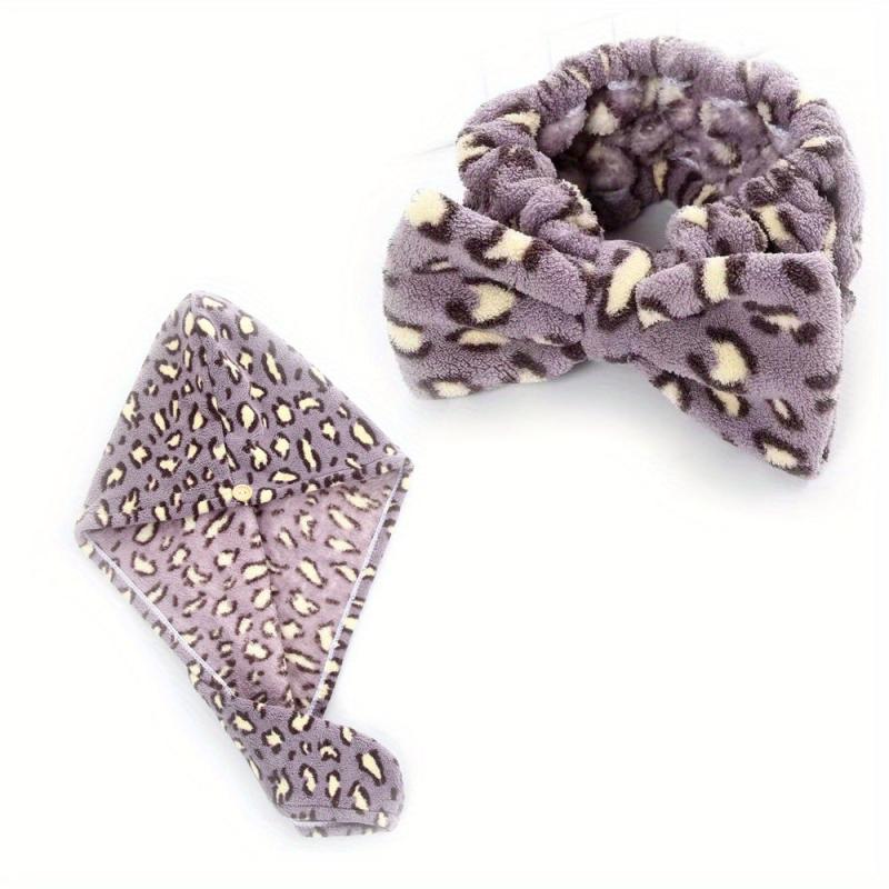 Leopard Printed Hair Towel Cap Set for Women - Quick Drying Shower Cap
