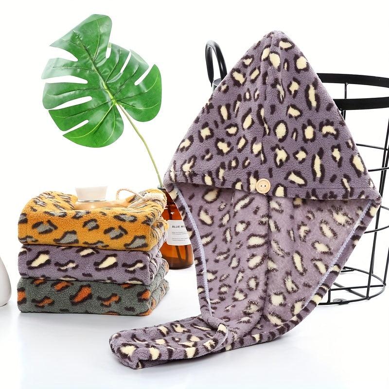 Leopard Printed Hair Towel Cap Set for Women - Quick Drying Shower Cap