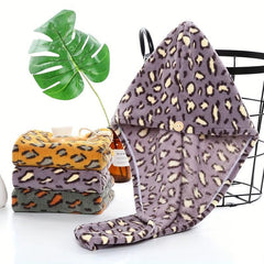 Leopard Printed Hair Towel Cap Set for Women - Quick Drying Shower Cap