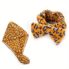 Leopard Printed Hair Towel Cap Set for Women - Quick Drying Shower Cap