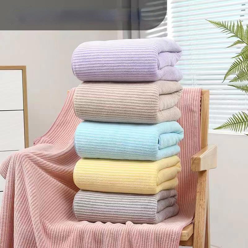 Soft Striped Bath Towel Absorbent Coral Fleece Adult Beach Towel 55x27 inches