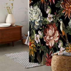 Floral Bird Print Shower Curtain Waterproof Bathroom Decoration