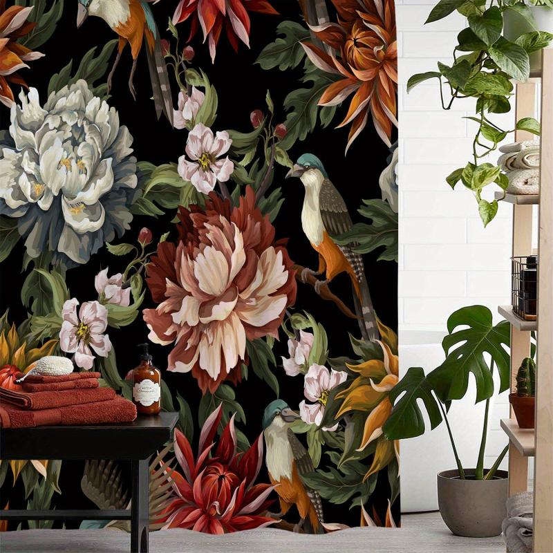 Floral Bird Print Shower Curtain Waterproof Bathroom Decoration