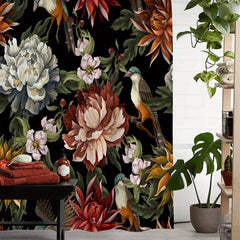 Floral Bird Print Shower Curtain Waterproof Bathroom Decoration