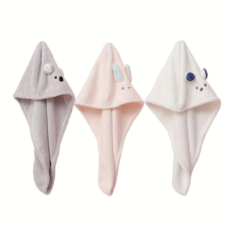 Cartoon Bunny Ears Hair Towel with Button Soft Hair Drying Cap for Women