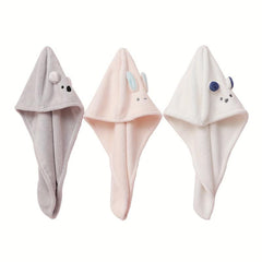 Cartoon Bunny Ears Hair Towel with Button Soft Hair Drying Cap for Women