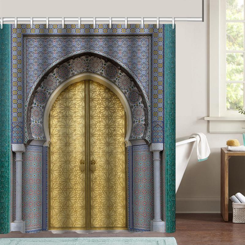 Moroccan Shower Curtain Set With Non-Slip Rug and 12 Hooks