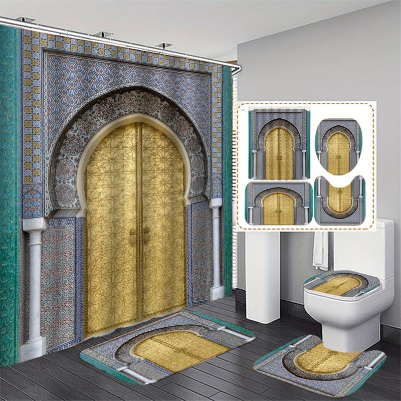 Moroccan Shower Curtain Set With Non-Slip Rug and 12 Hooks