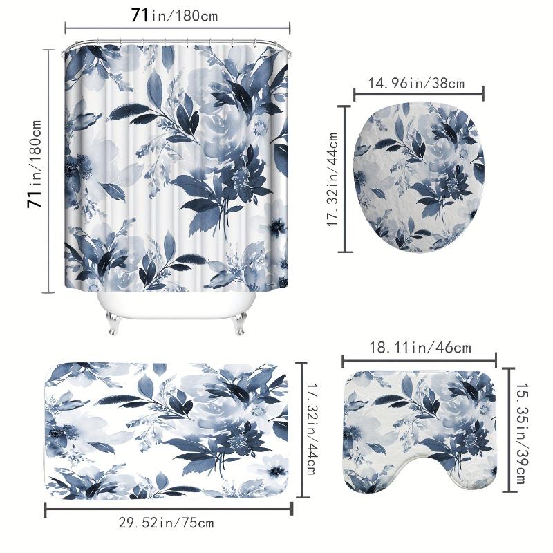 Floral Shower Curtain Set with Non Slip Floor Mat - 4pcs