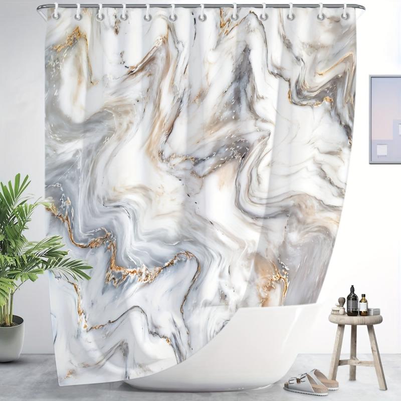 Grey Golden Marble Shower Curtain, Waterproof, Modern Bathroom Decor