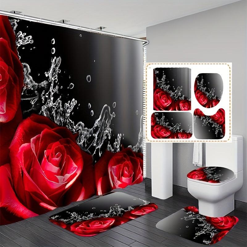 3pcs Rose Pattern Waterproof Shower Curtain & 12 Hooks Bathroom Set