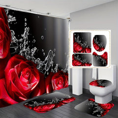 3pcs Rose Pattern Waterproof Shower Curtain & 12 Hooks Bathroom Set