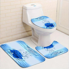 3pcs Rose Pattern Waterproof Shower Curtain Bathroom Decor
