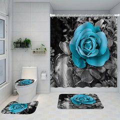 3pcs Rose Pattern Waterproof Shower Curtain Bathroom Decor