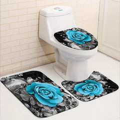 3pcs Rose Pattern Waterproof Shower Curtain Bathroom Decor