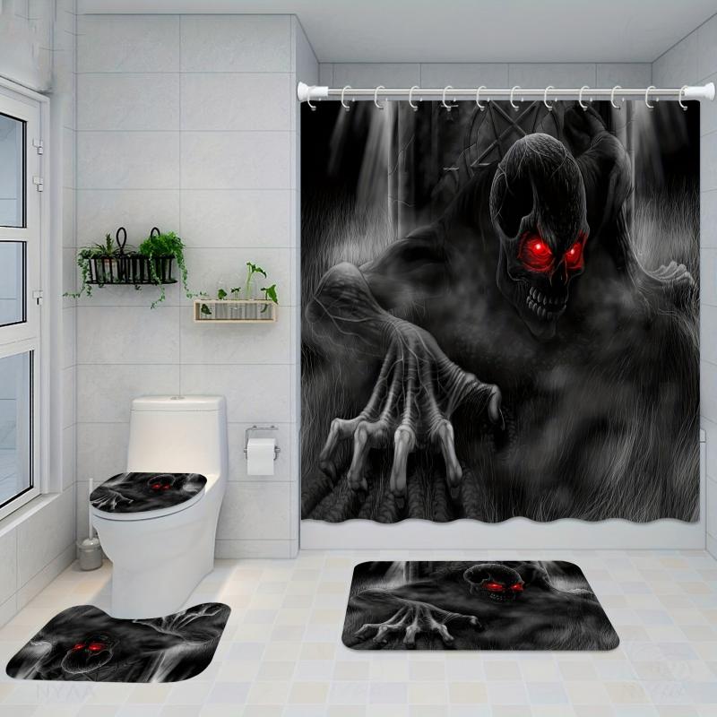 Skull Pattern Bathroom Shower Curtain Set with Rugs & Mat