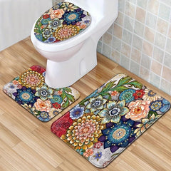 Boho Flower Shower Curtain And Bathroom Mats Set