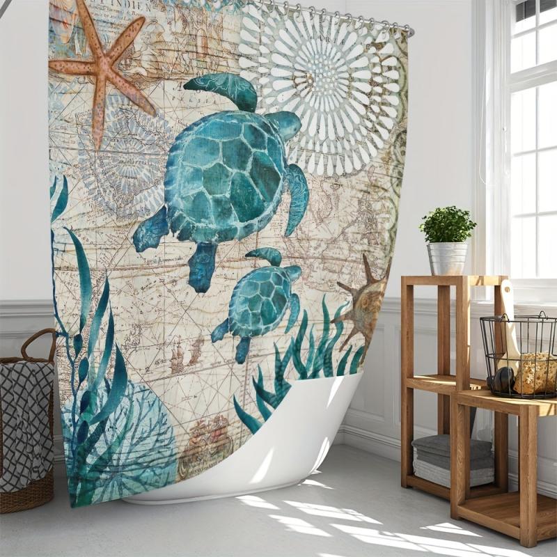Waterproof Turtle Shower Curtain with Hooks