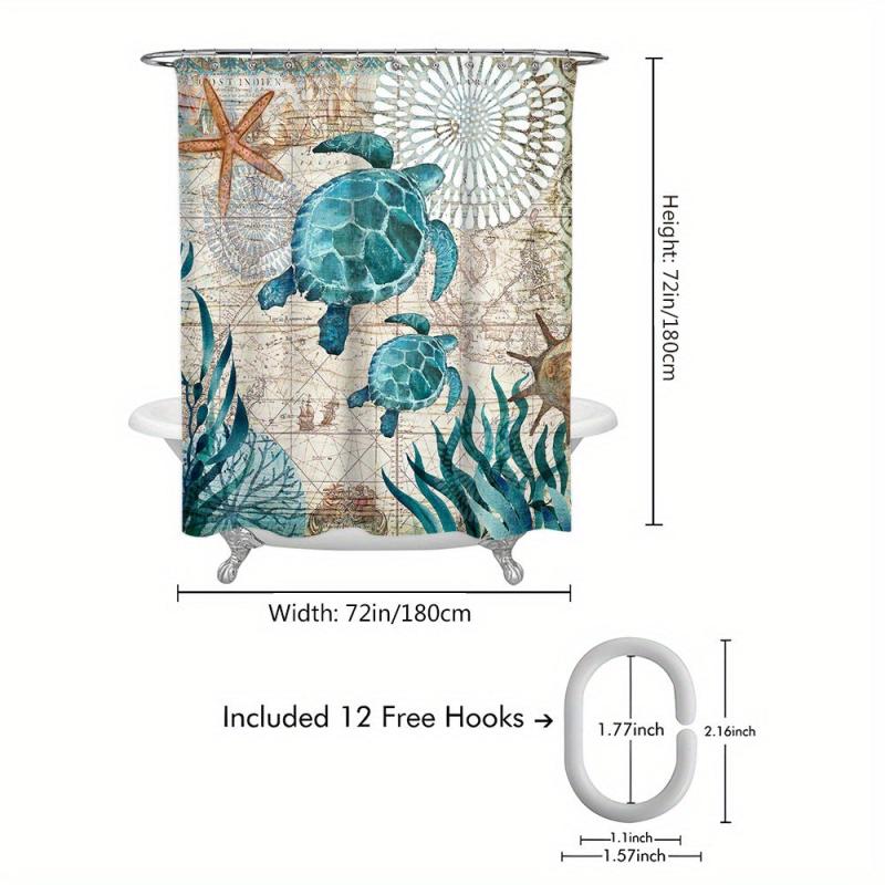 Waterproof Turtle Shower Curtain with Hooks
