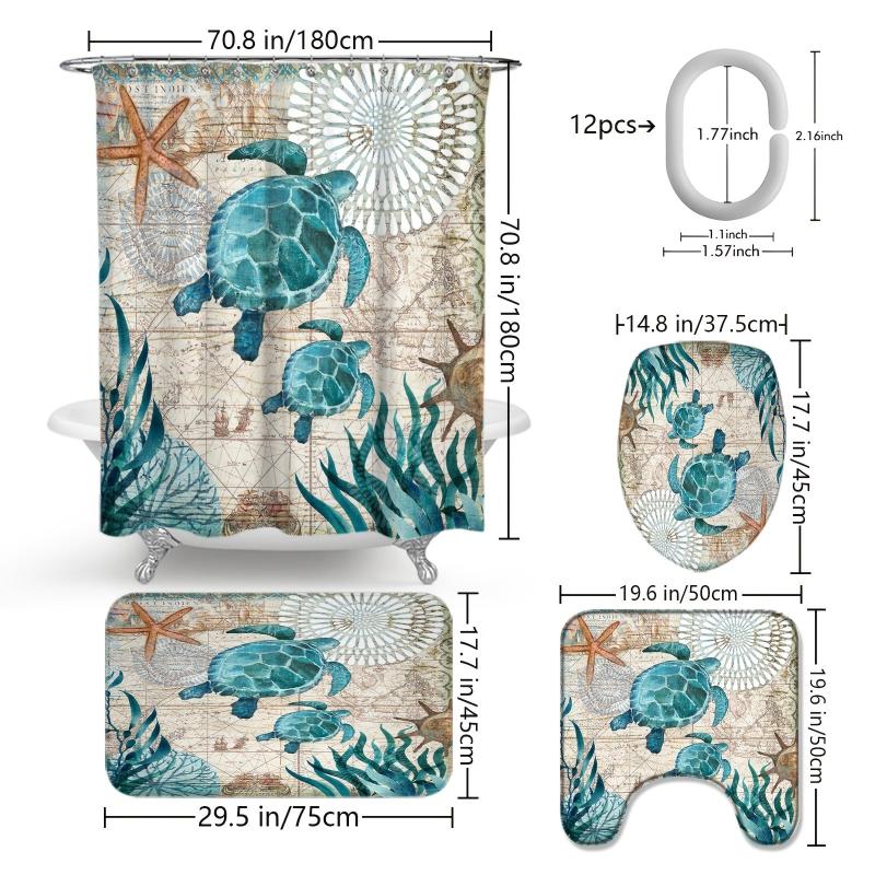 Waterproof Turtle Shower Curtain with Hooks