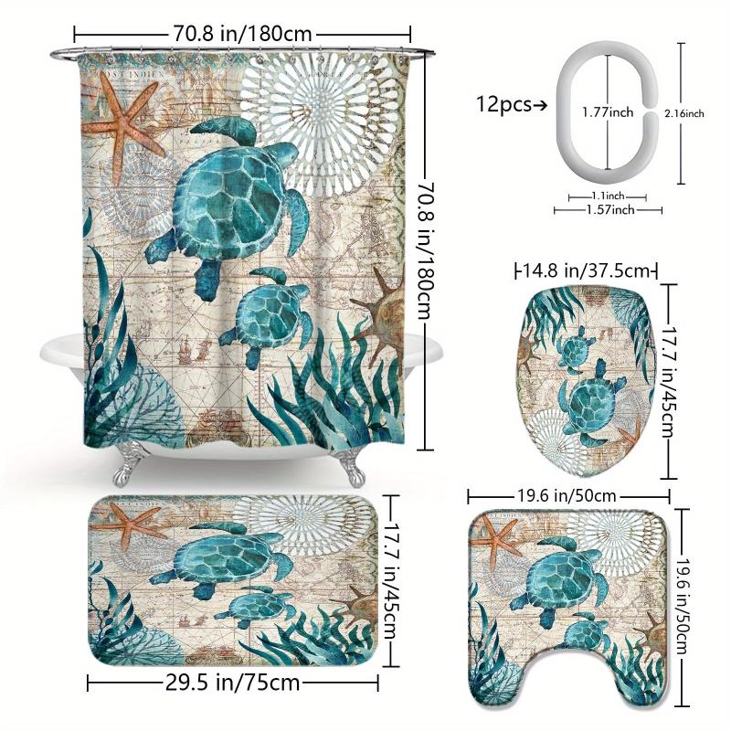 Waterproof Turtle Shower Curtain with Hooks