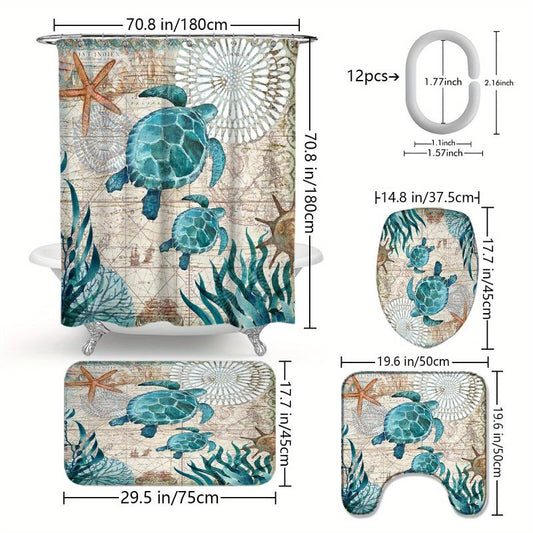 Waterproof Turtle Shower Curtain with Hooks