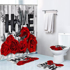 4pcs Red Rose Bathroom Set Waterproof Curtain With 12 Hooks