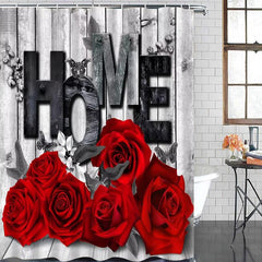 4pcs Red Rose Bathroom Set Waterproof Curtain With 12 Hooks