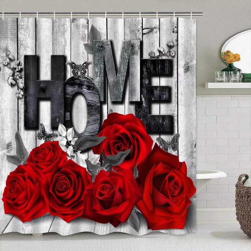 4pcs Red Rose Bathroom Set Waterproof Curtain With 12 Hooks