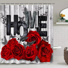 4pcs Red Rose Bathroom Set Waterproof Curtain With 12 Hooks