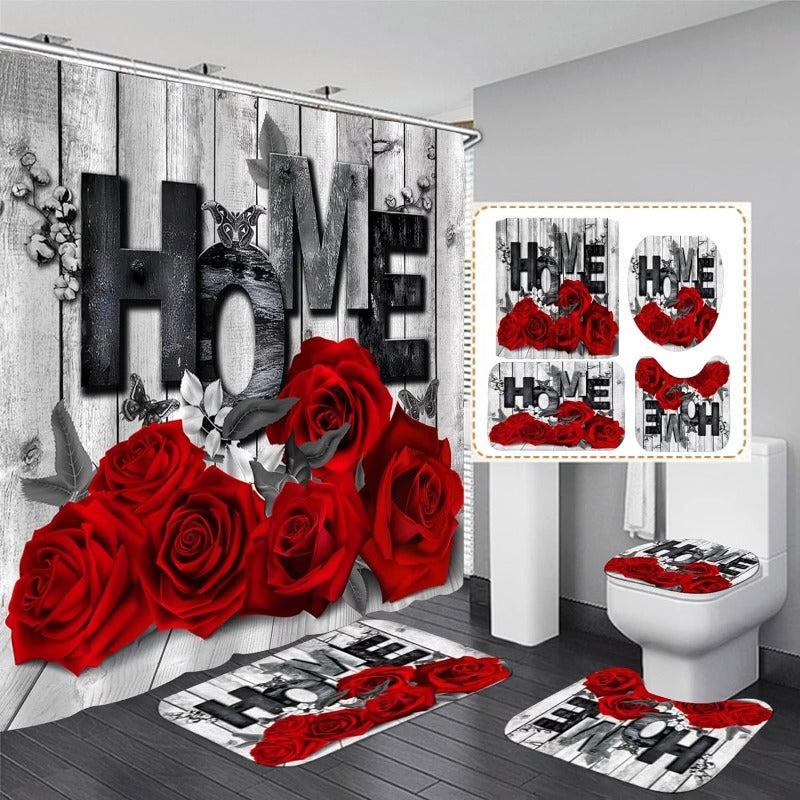 4pcs Red Rose Bathroom Set Waterproof Curtain With 12 Hooks