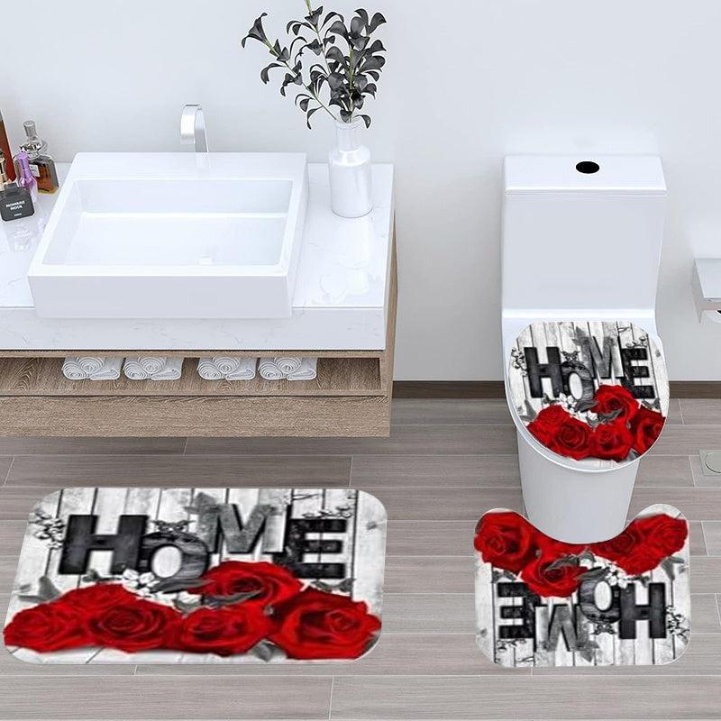 4pcs Red Rose Bathroom Set Waterproof Curtain With 12 Hooks