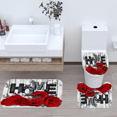 4pcs Red Rose Bathroom Set Waterproof Curtain With 12 Hooks