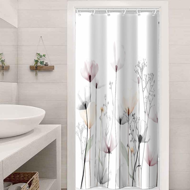 Light & Floral Shower Curtain w/ Hooks - Floral Bathroom Decor Set