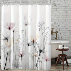Light & Floral Shower Curtain w/ Hooks - Floral Bathroom Decor Set