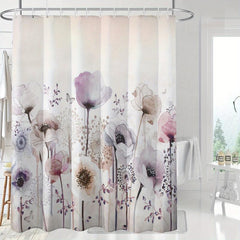 Light & Floral Shower Curtain w/ Hooks - Floral Bathroom Decor Set