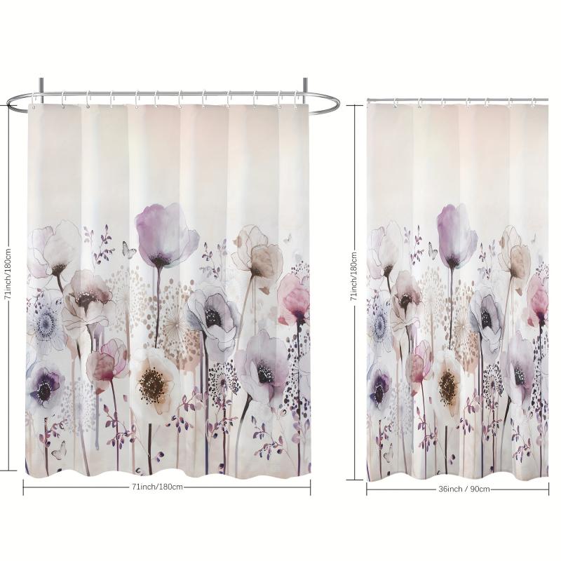 Light & Floral Shower Curtain w/ Hooks - Floral Bathroom Decor Set