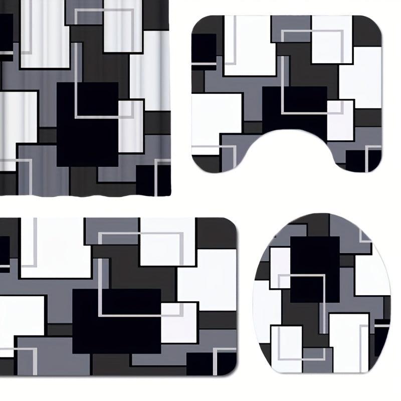 3pcs Geometric Pattern Shower Curtain Bathroom Mats Set