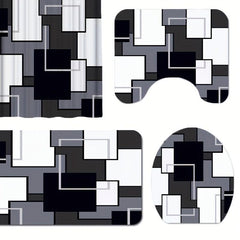 3pcs Geometric Pattern Shower Curtain Bathroom Mats Set