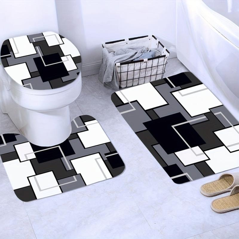 3pcs Geometric Pattern Shower Curtain Bathroom Mats Set