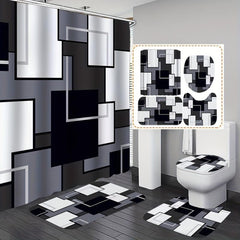 3pcs Geometric Pattern Shower Curtain Bathroom Mats Set