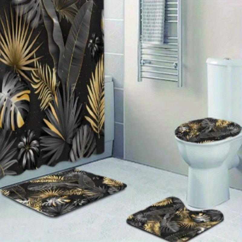 3pcs Tropical Plant Shower Curtain & Non Slip Bathroom Rug Set